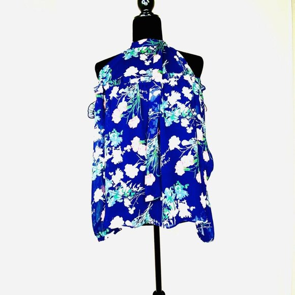C Boho Chic Floral Blouse Chiffon Cold ShoulderBlue Top By C Size Small - Picture 7 of 8